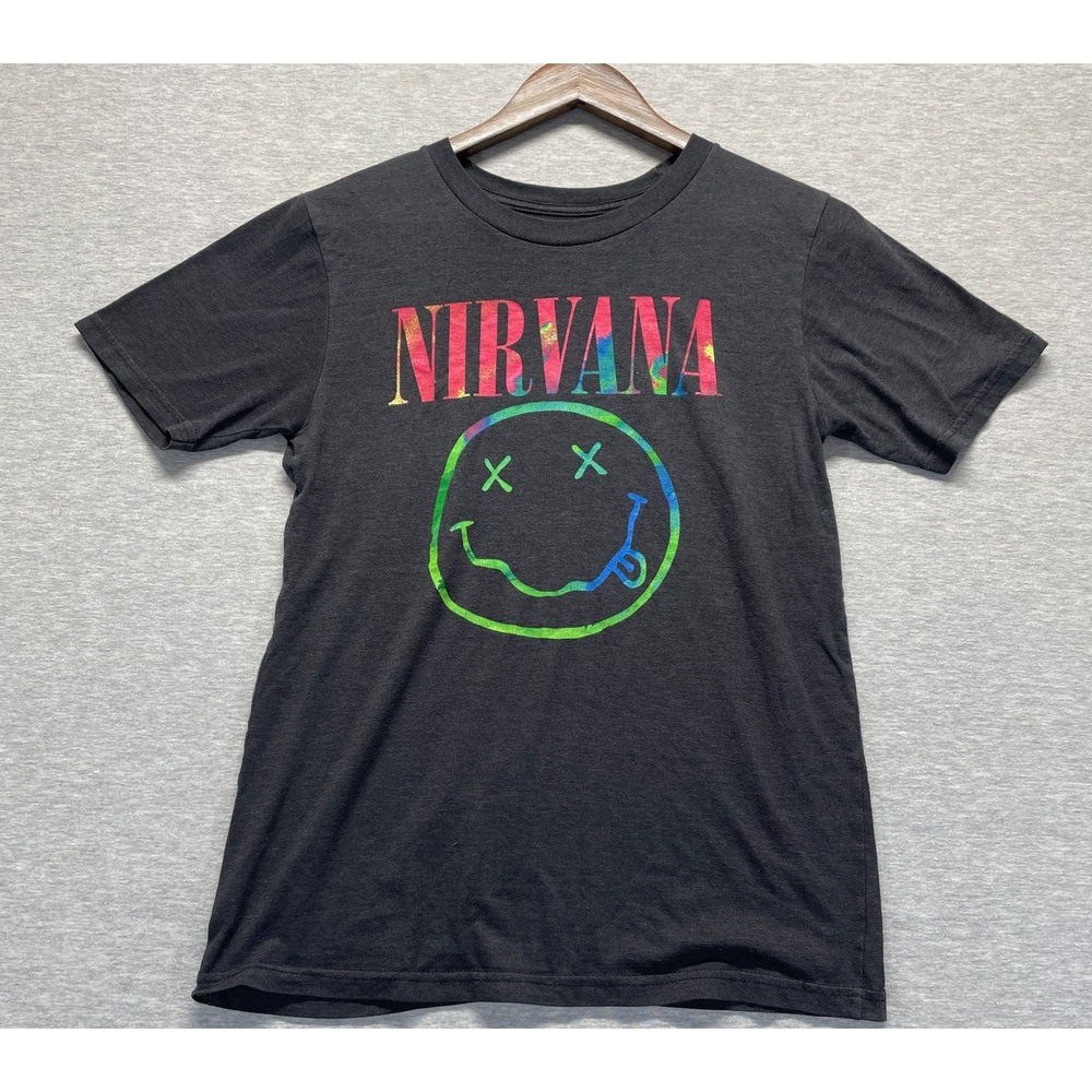 Nirvana T Shirt Mens Small Black Graphic Print Rainbow Tie Dye Dead Smiley Face